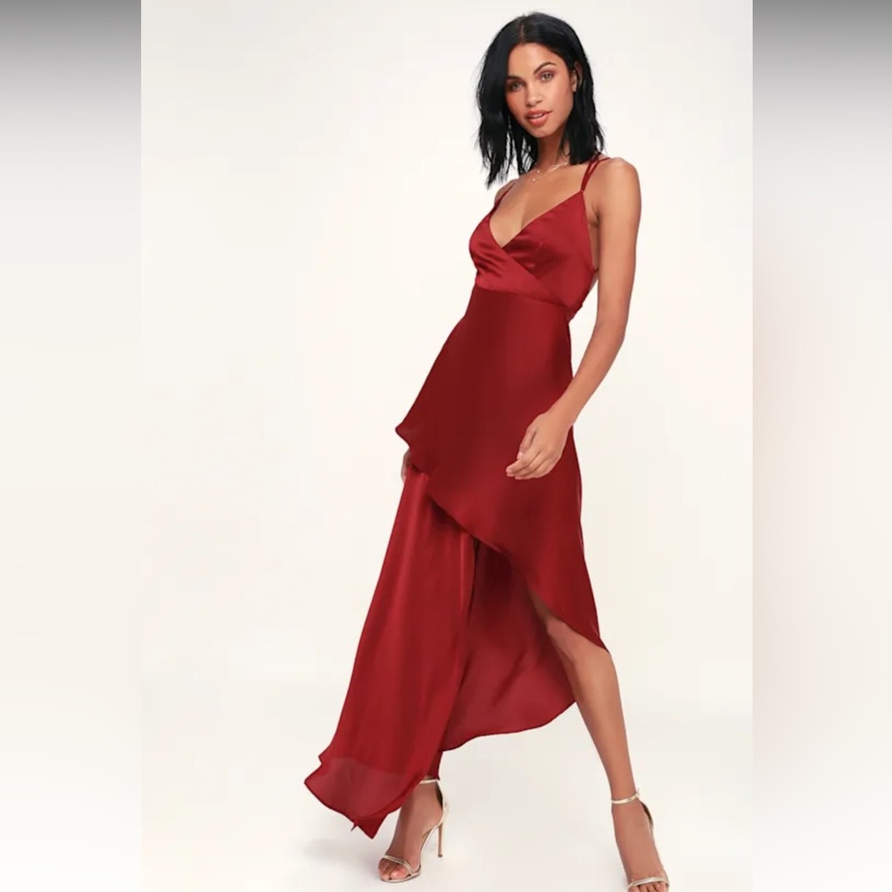 Wine Red Satin High-Low Maxi Dress